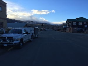 Here's the dog rig parked in downtown Dubois, Wyoming — elevation 6,940 ft.